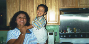 Melissa with Randy (approx 3 years old) in her kitchen