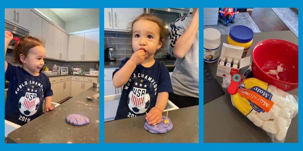 A collage of containing 3 rectangles: (Left to Right) First and second rectangle: Toddler plays with homemade play dough 3. ingredients for making play dough.